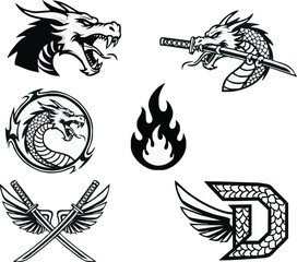 Various stylized black and white dragon and fire illustrations, graphic design elements.