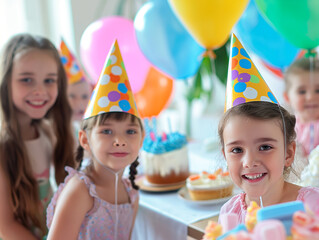 Happy children celebrating birthday party at home, wearing colorful party hats, balloons and cake in background