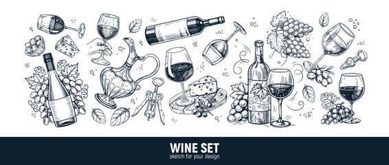 An Elegant Wine Set that includes exquisite glasses, bottles, and essential accessories. Hand-drawn sketch.