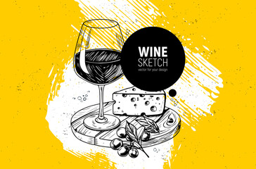 A captivating illustration showcasing the delightful pairing of wine and cheese, an artful concept. Hand-drawn sketch.