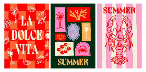Three colorful summer-themed posters with coastal motifs, bold typography, and hand-drawn elements on vibrant striped and checkered backgrounds. Vector illustration © Rudzhan