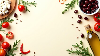 Mediterranean ingredients arranged on a light background