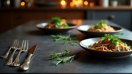Pasta dish with herbs on a dark table setting