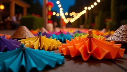 Colorful paper umbrellas decorations for outdoor party event with string lights and asian lanterns decor