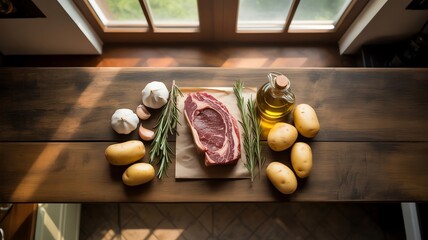 Raw steak potatoes garlic rosemary oil ingredients on wooden table