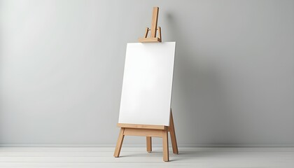 A wooden easel with a blank canvas in an empty room with light gray walls