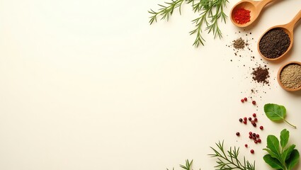 Spices and herbs arranged with wooden spoons on a light surface