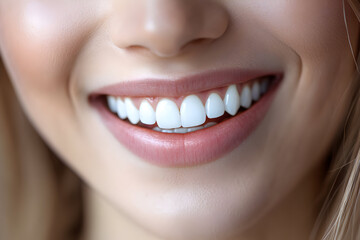Fototapeta premium Close-up of a woman smiling with bright white teeth, showcasing dental health and beauty
