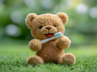 Cute teddy bear holding a toothbrush, smiling in a vibrant green garden setting