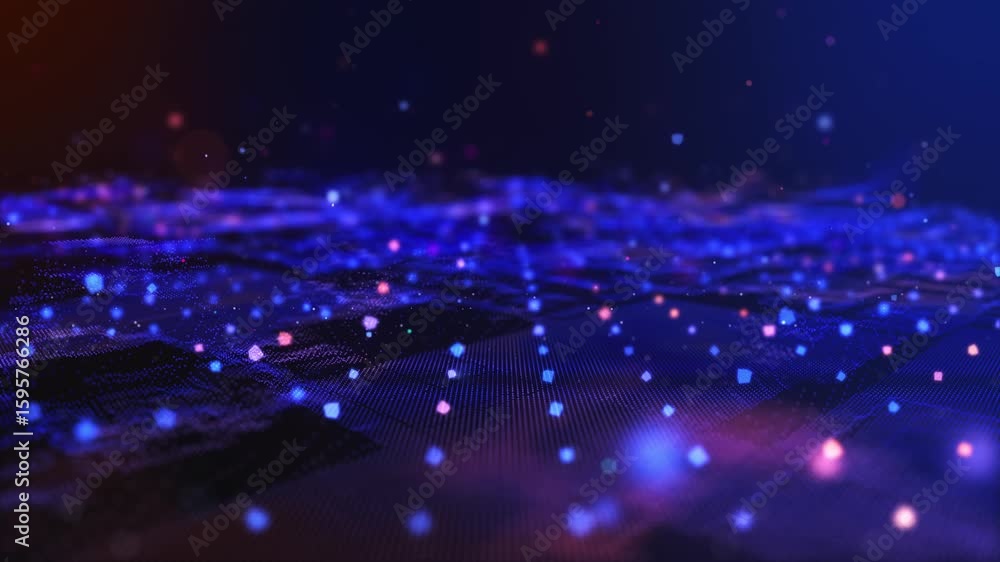 Poster futuristic digital grid with glowing particle waves