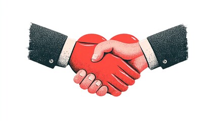 Two hands in business suits shake, a red heart nestled between their palms, symbolizing trust, partnership, and compassionate collaboration