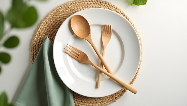 A white plate with wooden cutlery and a green napkin on a wicker placemat with greenery in the background