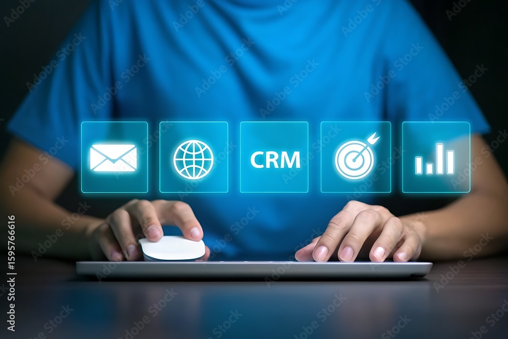 Poster person using computer mouse and keyboard interacting with digital c r m interface business technolog
