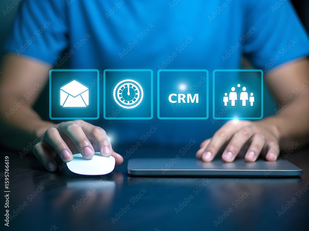 Poster person using white computer mouse on laptop with c r m icons hands