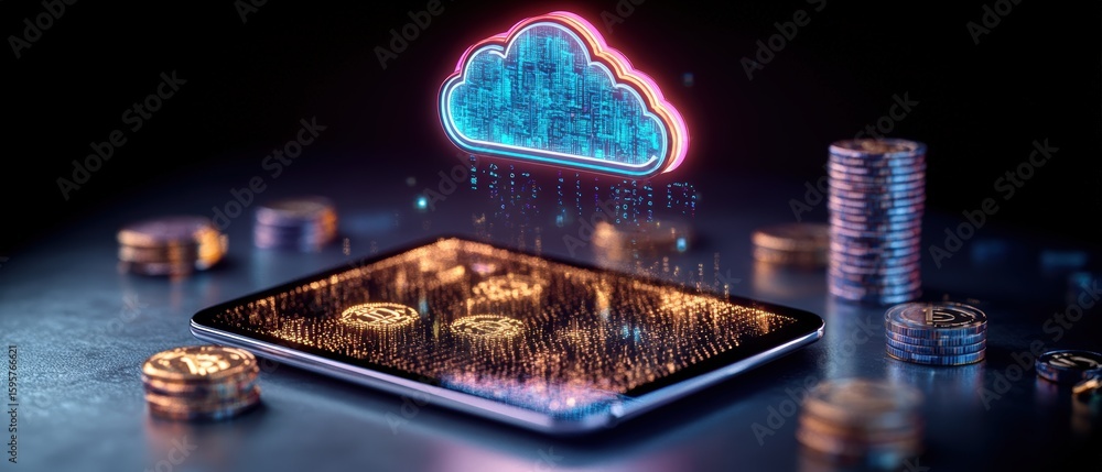 Poster cloud computing technology concept with digital cloud icon and data storage on a smartphone screen
