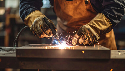 A close-up shot of a metalworker's hands welding a single metal piece in a dimly lit workshop
