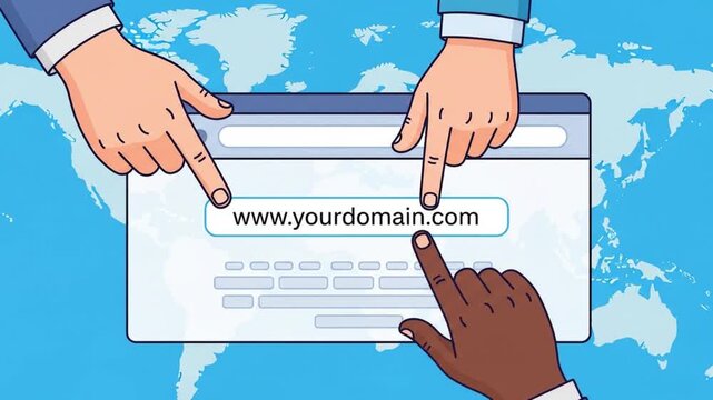 Three diverse hands point to a website domain address in a browser window, set against a global world map background.