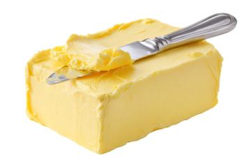 A block of butter with a butter knife.