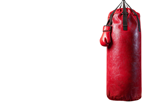 Red leather punching bag with boxing glove.