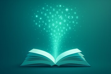 Open book emitting digital data symbols in teal background
