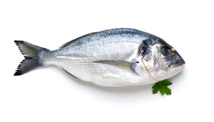 Fresh Sea Bream Fish on White Background with Parsley with Ready for Cooking.