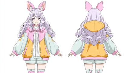 Anime character, front and back view, pastel colors,  bunny ears, hoodie