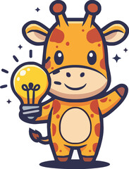Cartoon giraffe holding a glowing light bulb, symbolizing a bright idea or innovation.