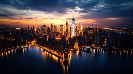 Fototapeta premium Spectacular aerial view of Manhattan New York City skyline at sunset with illuminated skyscrapers and water reflections