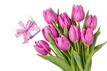 Pink tulips bouquet with gift box. Spring flowers, romantic present.