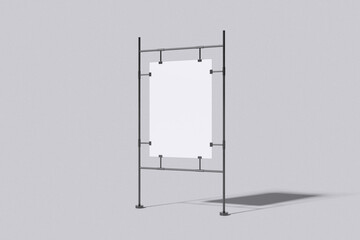 White poster paper with stainless steel stand on grey background for mockup template