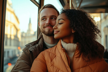 Happy Couple Smiling Together on a Bus Ride