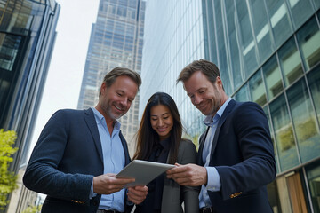 Smiling business team reviewing digital content outdoors