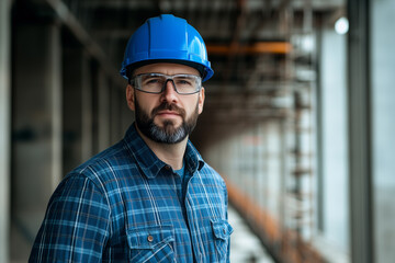 Confident construction engineer in blue hard hat