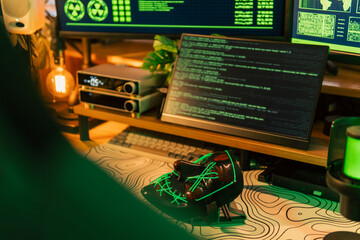 In a dimly lit cyber lair, a glowing hacker mask watches over a desk as encrypted code streams...