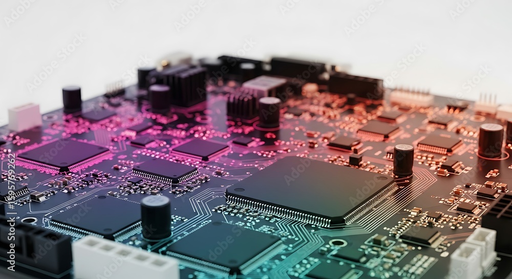 Poster close up view of a colorful printed circuit board with components against a white background