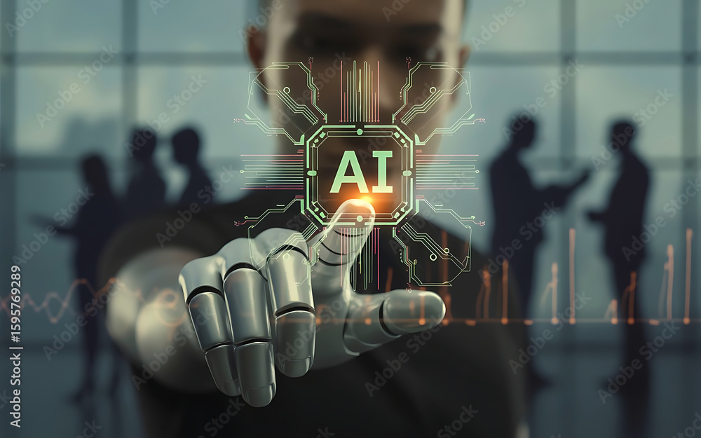 Poster robot hand touching ai chip with blurred business people in background symbolizing future technology