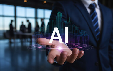 Businessman presenting artificial intelligence technology with glowing digital interface and city skyline background