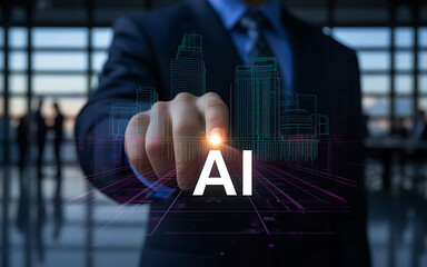 Businessman points to ai technology with futuristic digital overlay in modern office