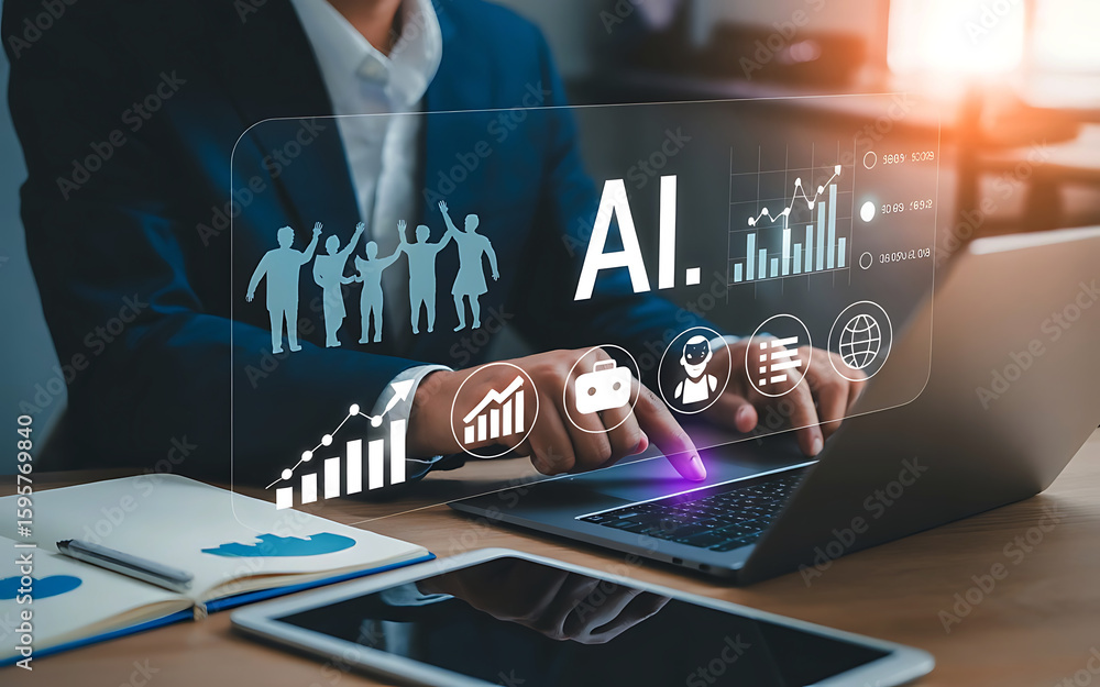 Poster business professional using artificial intelligence technology for data analysis and future planning