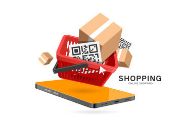 Product box or cardboard and QR code placed in red shopping basket and all floating in mid air on smartphone for online shopping, delivery, e-commerce, digital payment advertising design, vector 3d