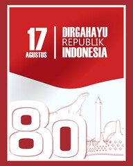 Vertical red-white poster for Indonesia’s 80th Independence Day featuring bold “17 Agustus” text, iconic landmarks, Komodo dragon, and layered paper cutout elements in modern style.
