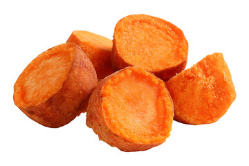 Close up of freshly cut sweet potato chunks.