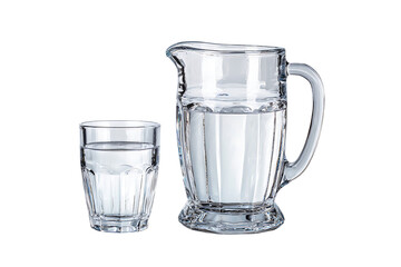 Glass pitcher and glass of water on white background