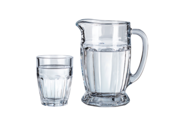 Glass pitcher and glass of water on white background
