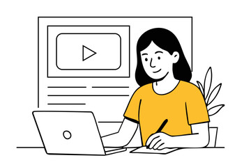 Young gen z woman working remotely with laptop and digital pen – flat vector illustration