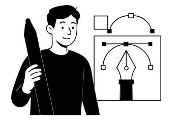 Male gen z designer holding digital pen with vector interface – flat vector illustration