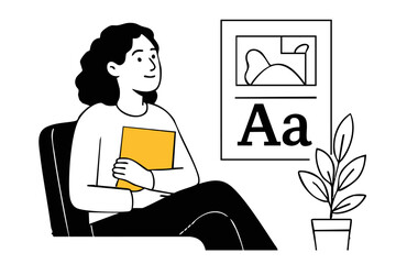 Creative gen z woman holding sketchbook in front of layout and typography design – flat vector illustration