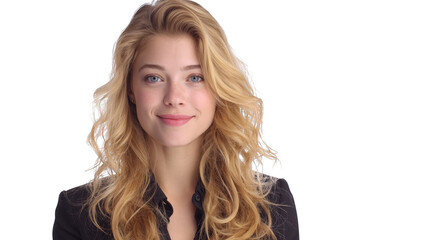 Naklejka premium Stylish woman with flowing blonde hair, a captivating portrait in black