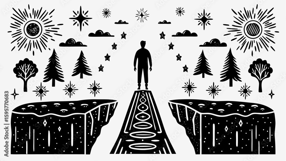 Poster silhouette of a person standing on a path between cliffs under a sky with stars and suns and trees