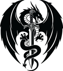 A black dragon with spread wings wraps around a sword, its head above the hilt.